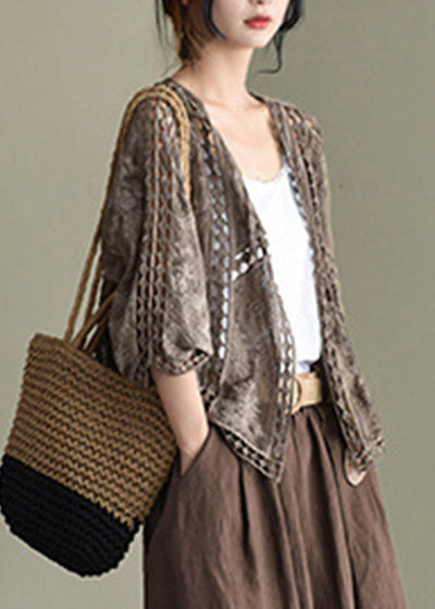 Coffee Cardigans Hollow Out Embroideried Batwing Sleeve