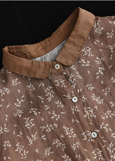Chocolate Linen Shirt Top Button Peter Pan Collar Half Sleeve