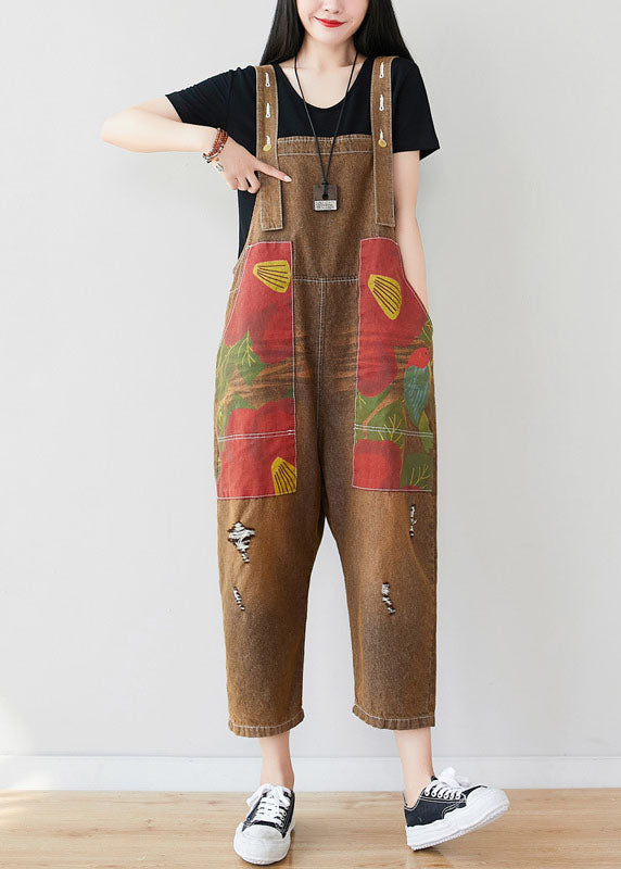 Chocolate Patchwork Print Jumpsuit Pants Ripped Denim Spring