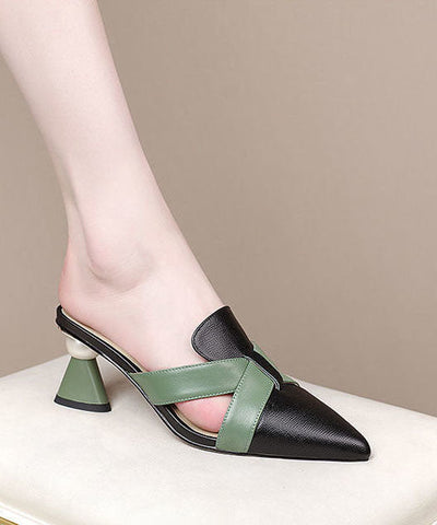 Colorblock Chunky Cowhide Leather Comfortable Splicing High Heel Slippers