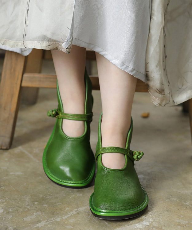 Comfortable Solid Green Flat Feet Shoes Cowhide Leather Upper Buckle Strap Flat Shoes