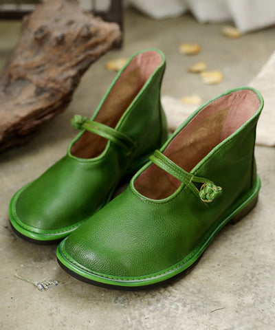 Comfortable Solid Green Flat Feet Shoes Cowhide Leather Upper Buckle Strap Flat Shoes
