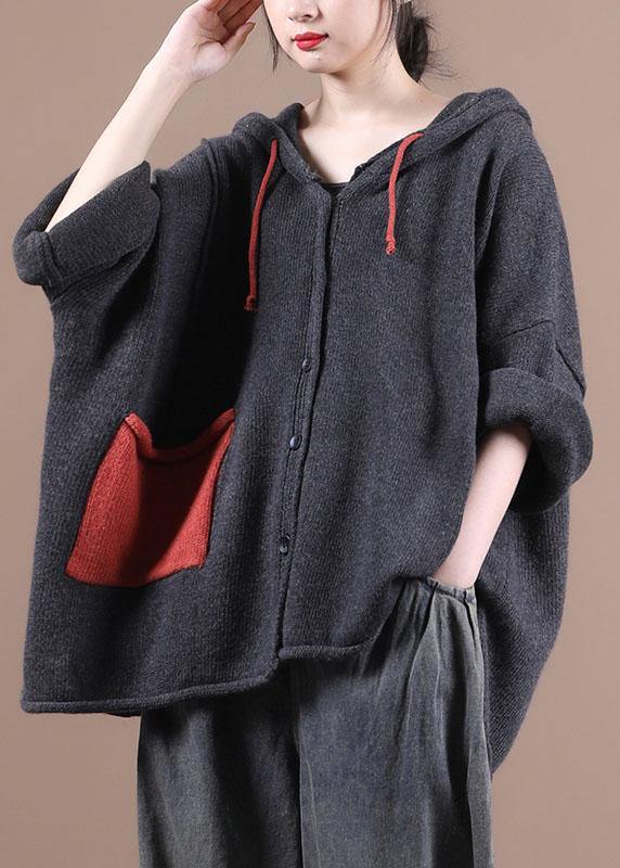 Comfy Dark Grey hooded Pockets Sweater Coat
