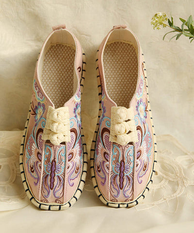 Comfy Flats Embroideried Buckle Strap Pink Linen Fabric Flat Shoes For Women