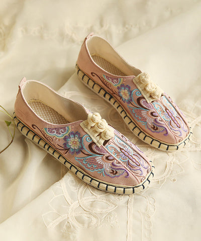 Comfy Flats Embroideried Buckle Strap Pink Linen Fabric Flat Shoes For Women