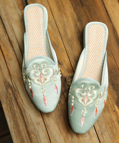 Comfy Light Green Embroideried Pearl Cotton Fabric Slide Sandals