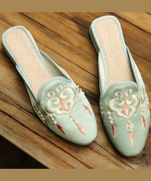 Comfy Light Green Embroideried Pearl Cotton Fabric Slide Sandals