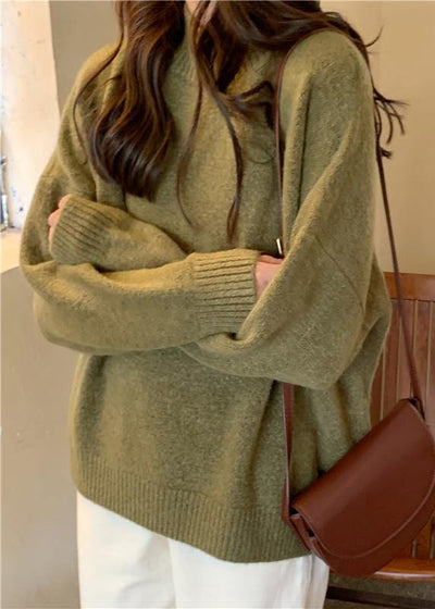 Comfy fall green knit sweat tops plus size high neck knit blouse