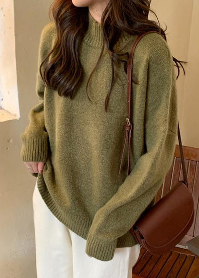 Comfy fall green knit sweat tops plus size high neck knit blouse