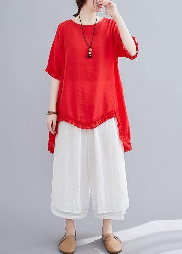 Cotton linen red two-piece fungus stitching round neck T-shirt split seven-point wide-leg pants fashion suit