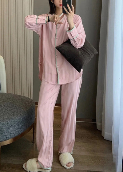 Cute Pink O-Neck Button Side Open Solid Ice Silk Pajamas Two Pieces Set Spring