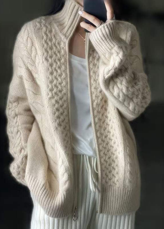 DIY Beige Zip Up Casual Woolen Knitted Tops Coat Winters
