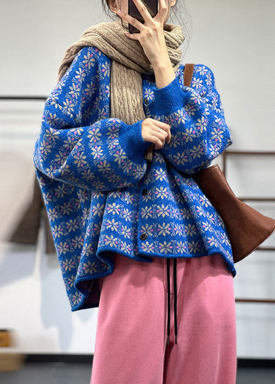 DIY Blue O-Neck Oversized Jacquard Lazy Knit Cardigans Winter