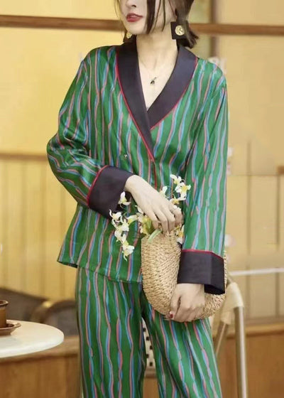 DIY Green Striped Peter Pan Collar Ice Silk Pajamas Two Piece Set Long Sleeve