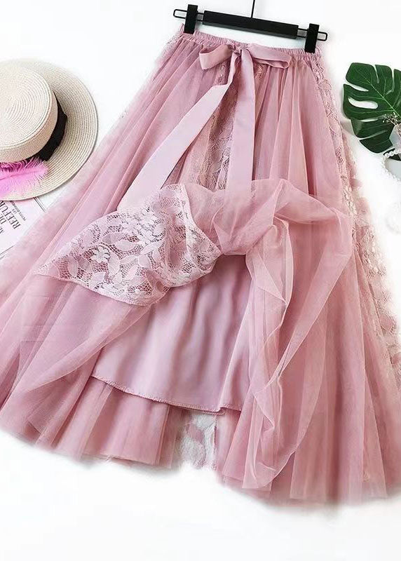 DIY Pink Wrinkled Patchwork Lace Tulle Skirt Spring