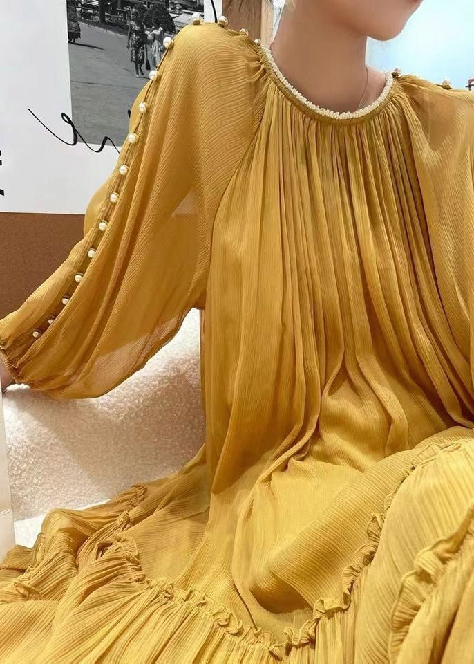 DIY Yellow O-Neck Nail bead Ruffled Silk Dress Long Sleeve