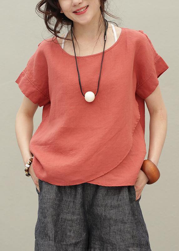 DIY o neck asymmetric linen summer shirts Work Outfits red tops