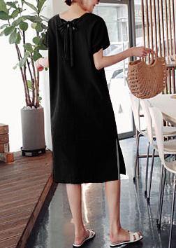 DIY o neck side open Cotton summer Tunics linen black Dress