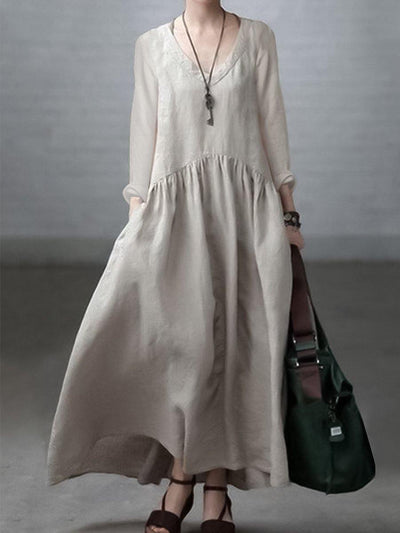 Simple and Loose V-neck Cotton and Linen Dress