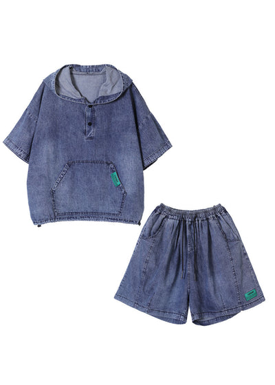 Denim Blue Cotton Tops And Shorts Two Piece Set Outfits Hooded Drawstring Summer