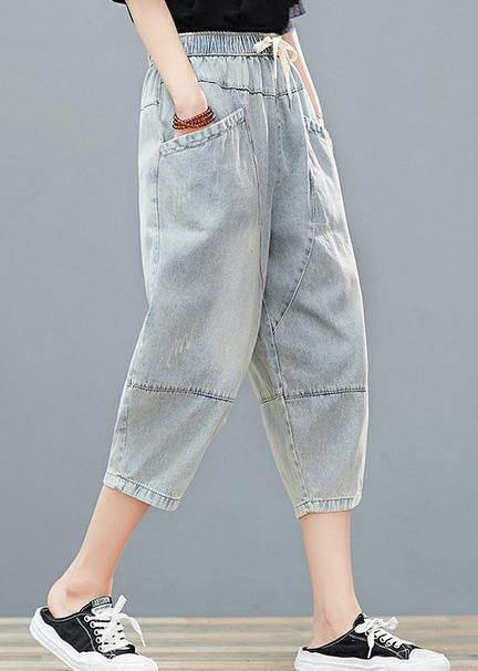 Drawstring personality pocket washed jeans plus size women's elasticated waist cropped pants