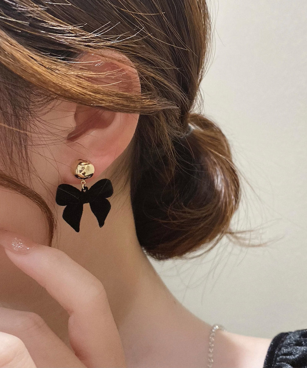 Elegant Black 14K Gold Flocking Bow Drop Earrings