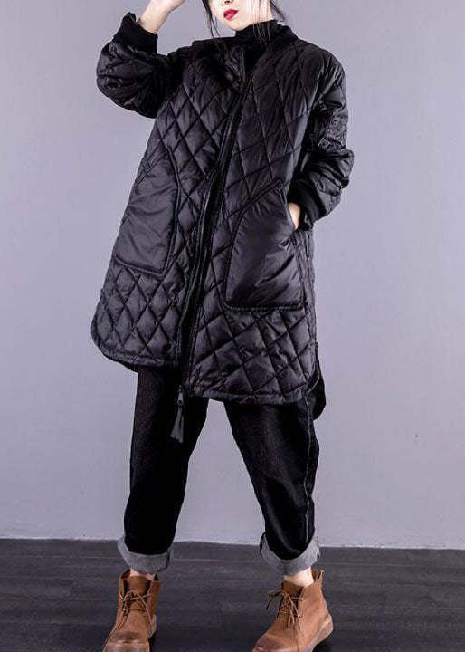 Elegant Black Stand Collar Zip Up Pockets Fine Cotton Filled Coats Winter