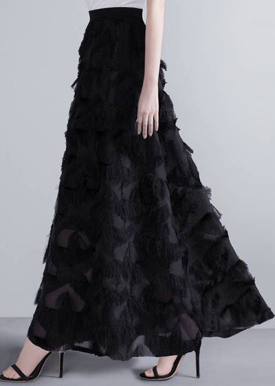 Elegant Black Tasseled Patchwork High Waist Chiffon Skirt Spring