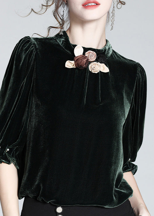 Elegant Blackish Green Stand Collar Floral Silk Velour Top Short Sleeve