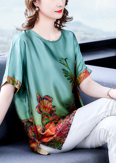 Elegant Green O-Neck Print Silk Tops For Women Short Sleeve