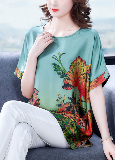 Elegant Green O-Neck Print Silk Tops For Women Short Sleeve