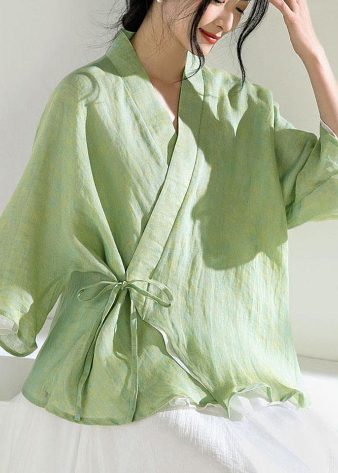 Elegant Green V Neck Butterfly Sleeve Tie Waist Summer Linen Tops