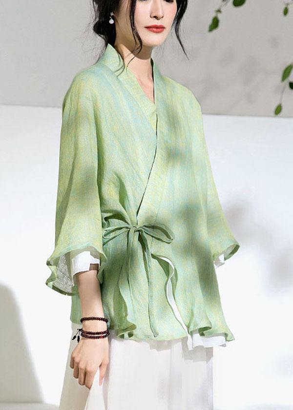 Elegant Green V Neck Butterfly Sleeve Tie Waist Summer Linen Tops