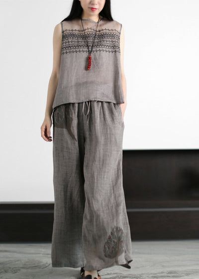 Elegant Grey Embroideried Hollow Out Tulle Patchwork Linen Two Piece Suit Set Sleeveless