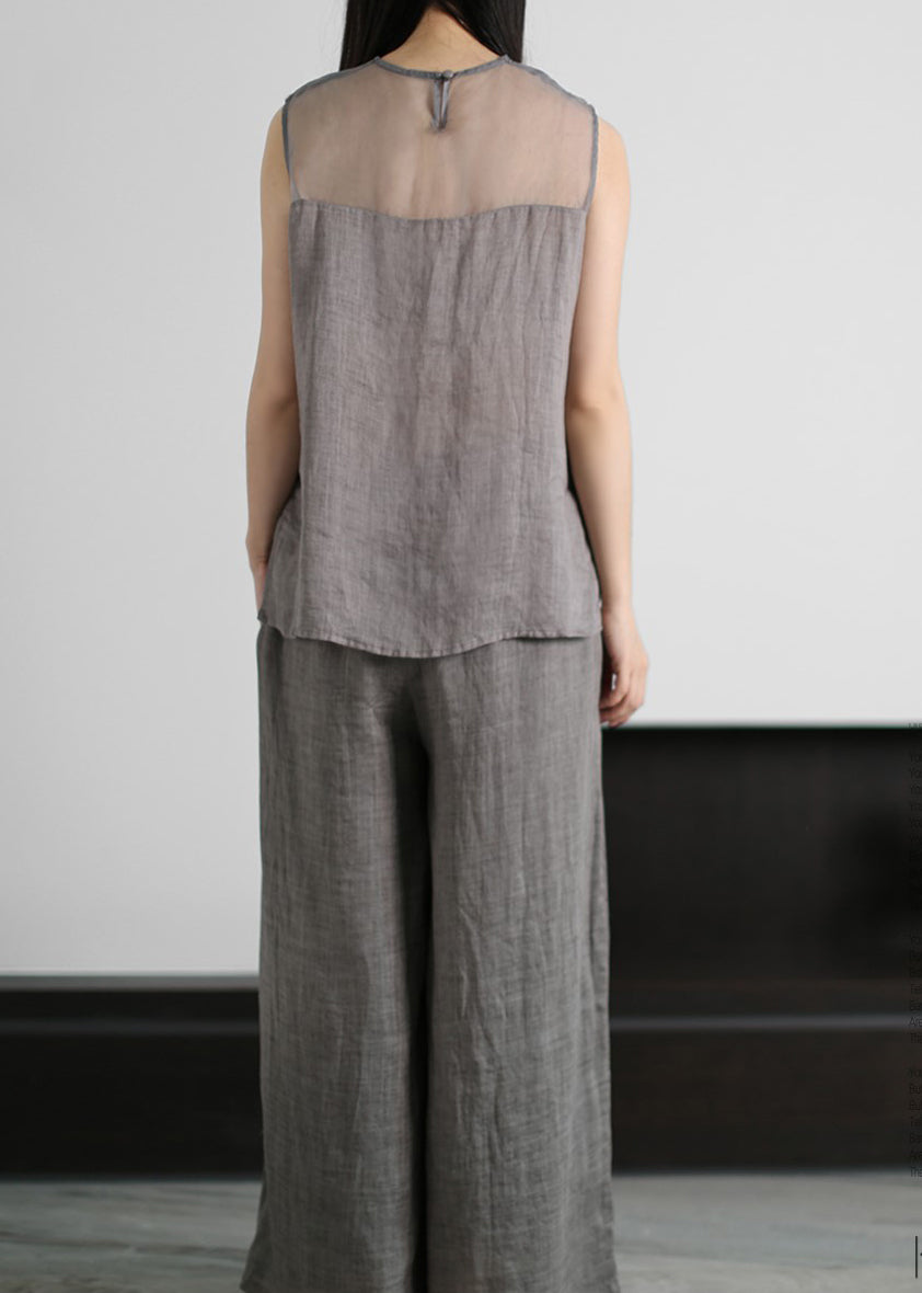 Elegant Grey Embroideried Hollow Out Tulle Patchwork Linen Two Piece Suit Set Sleeveless