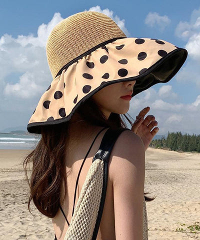 Elegant Khaki Dot Print Patchwork Straw Woven Floppy Sun Hat