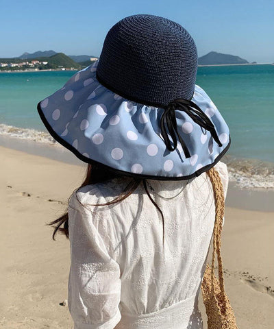 Elegant Khaki Dot Print Patchwork Straw Woven Floppy Sun Hat