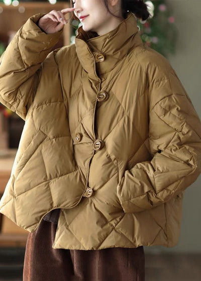 Elegant Khaki Stand Collar Oversized Button Duck Down Puffer Jacket Winter