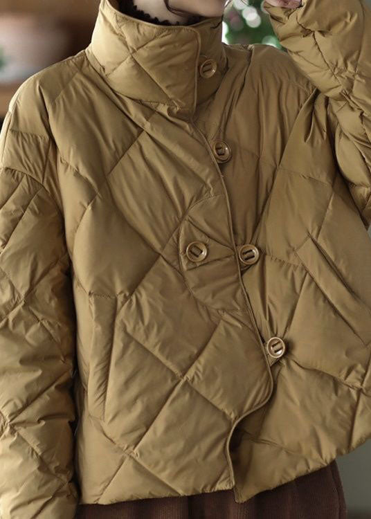 Elegant Khaki Stand Collar Oversized Button Duck Down Puffer Jacket Winter