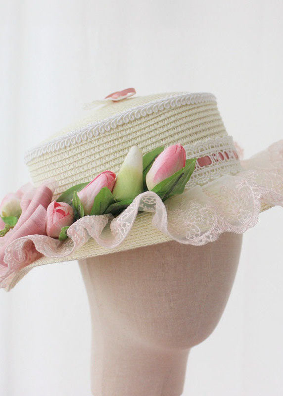 Elegant Pink Bow Lace Patchwork Straw Woven Cloche Hat