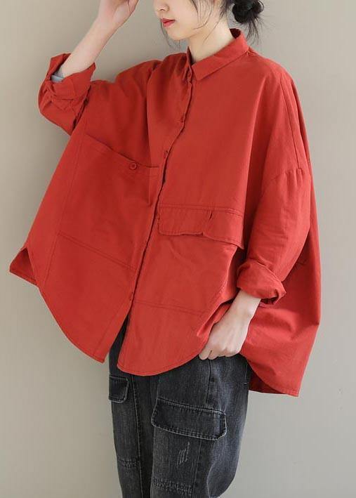 Elegant Red Blouse Lapel Asymmetric Short Shirt Top