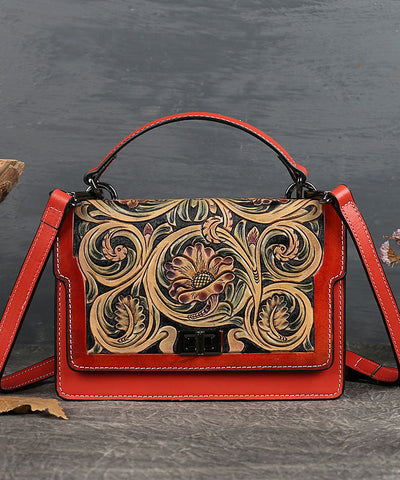 Elegant Red Jacquard Square Calf Leather Satchel Handbag