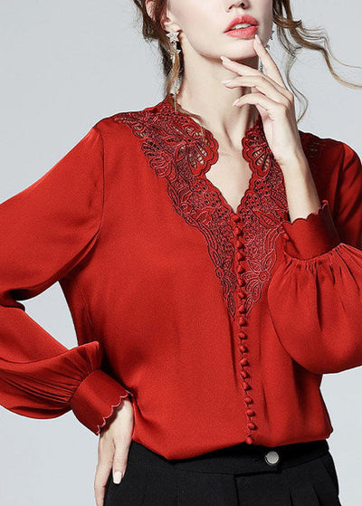 Elegant Red V Neck button Embroideried Patchwork Silk Shirt Top Spring