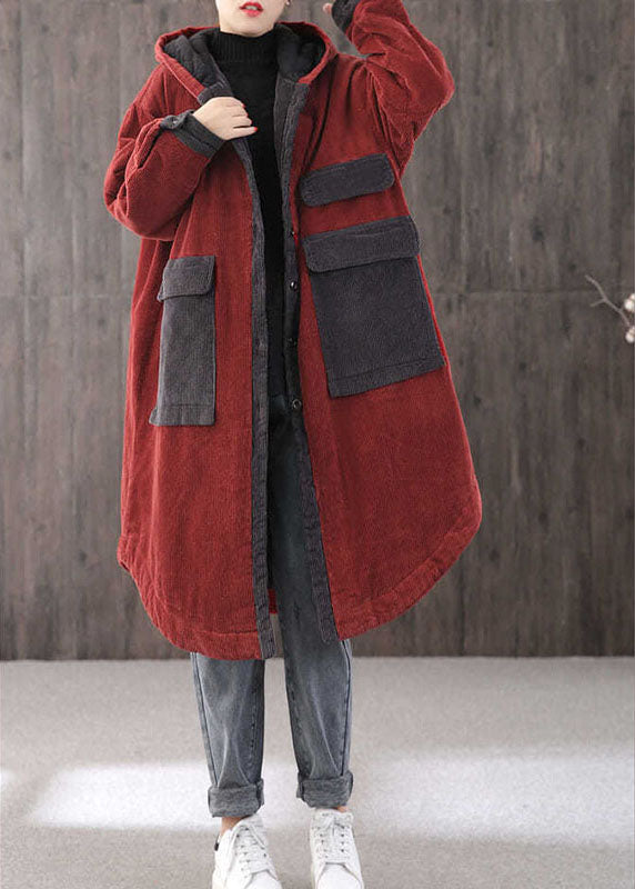Elegant Red hooded Pockets Button Winter Coat Long sleeve
