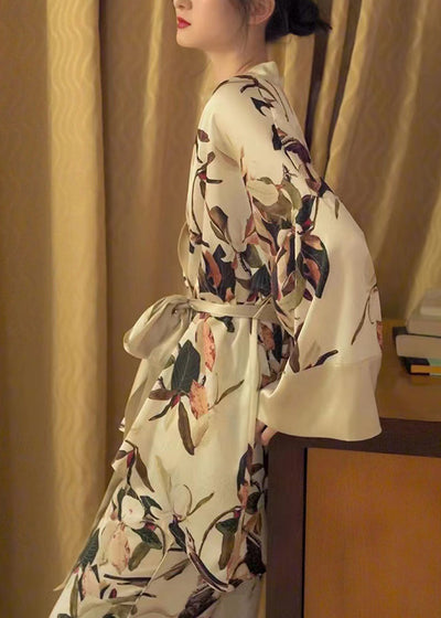 Elegant V Neck Print Tie Waist Ice Silk Pajamas Two Pieces Set Long Sleeve