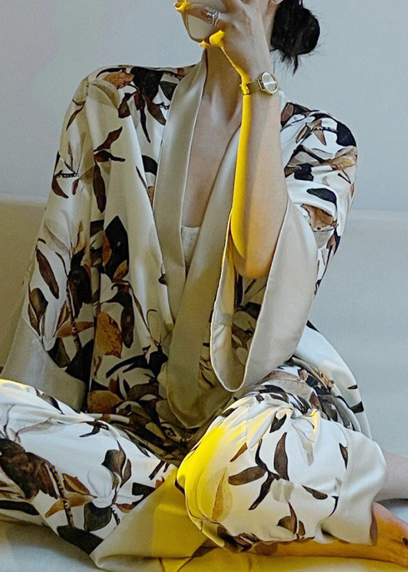 Elegant V Neck Print Tie Waist Satin Pajamas Two Piece Set Spring