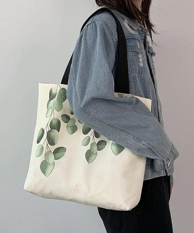 Elegant White Greenery Print Canvas Satchel Handbag