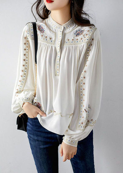Elegant White 2022 Embroideried Chiffon Blouse Tops Long Sleeve