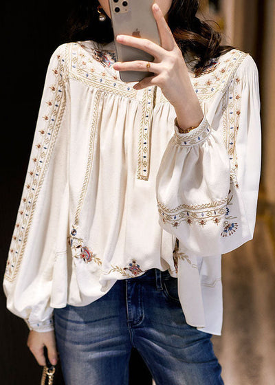 Elegant White 2022 Embroideried Chiffon Blouse Tops Long Sleeve