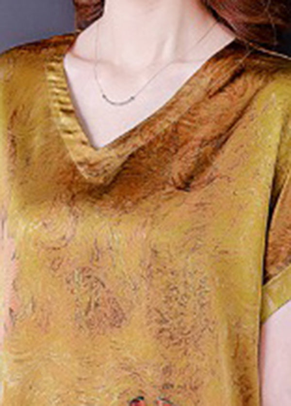 Elegant Yellow V Neck Original Design Print Side Open Silk Top Short Sleeve